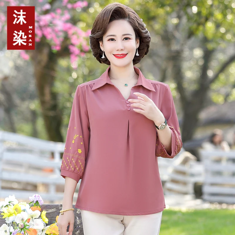 夏季新款妈妈装中袖小衫中老年大码翻领短袖T恤女装上衣宽松遮肚