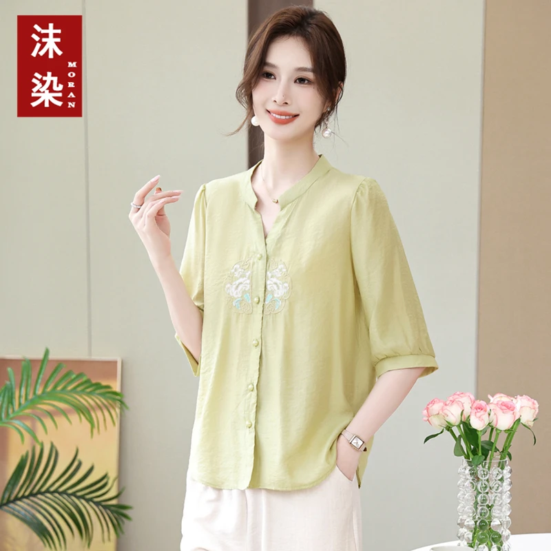 夏季新款中老年妈妈装短袖小衫时尚中年女装宽松显瘦休闲国风开衫