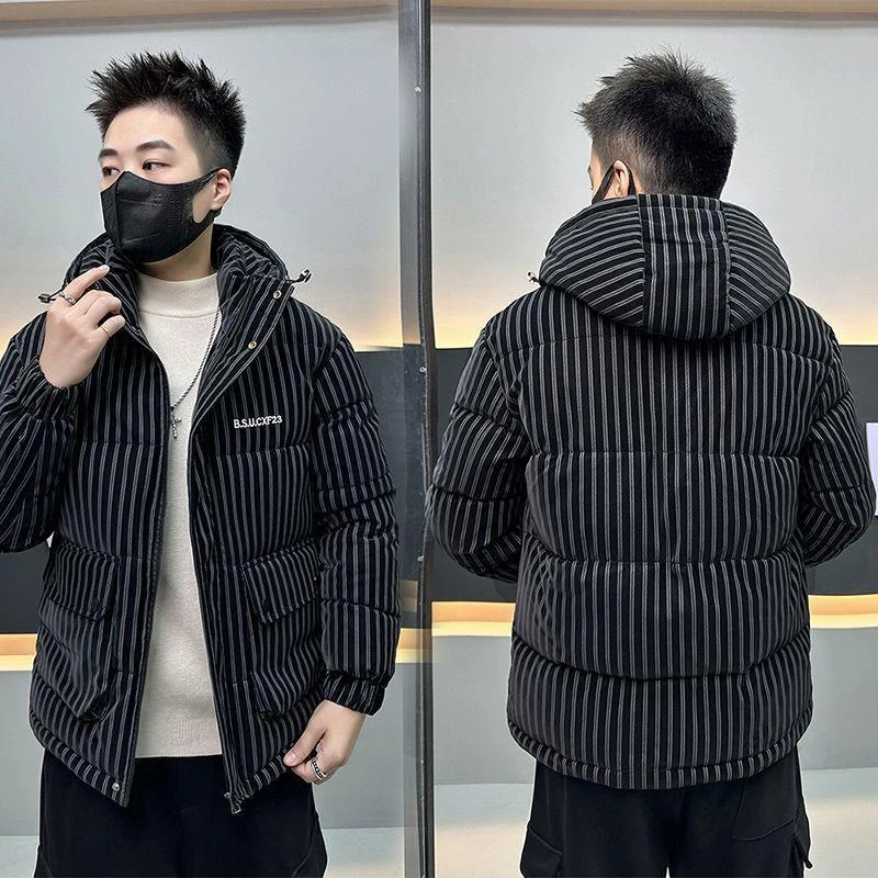 2024冬季新款休闲帅气短款棉服潮流百搭时尚条纹外套加厚保暖棉衣