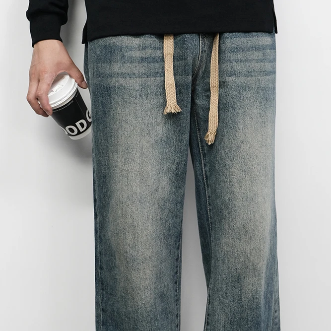 美式重磅新款复古牛仔裤潮牌男士高街水洗做旧百搭休闲直筒长裤子