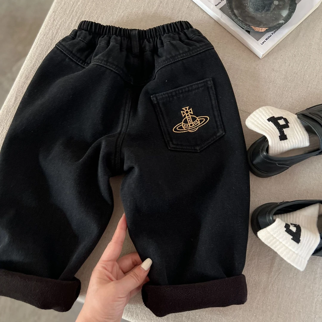 【AnanbabyKids】2024儿童韩版秋冬加绒绣花牛仔裤儿童休闲裤