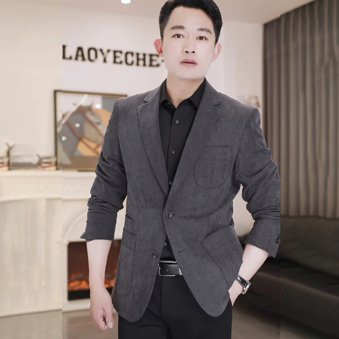 老爷车2024新款商务细条灯芯绒男士西服休闲西装修身秋冬英伦韩版
