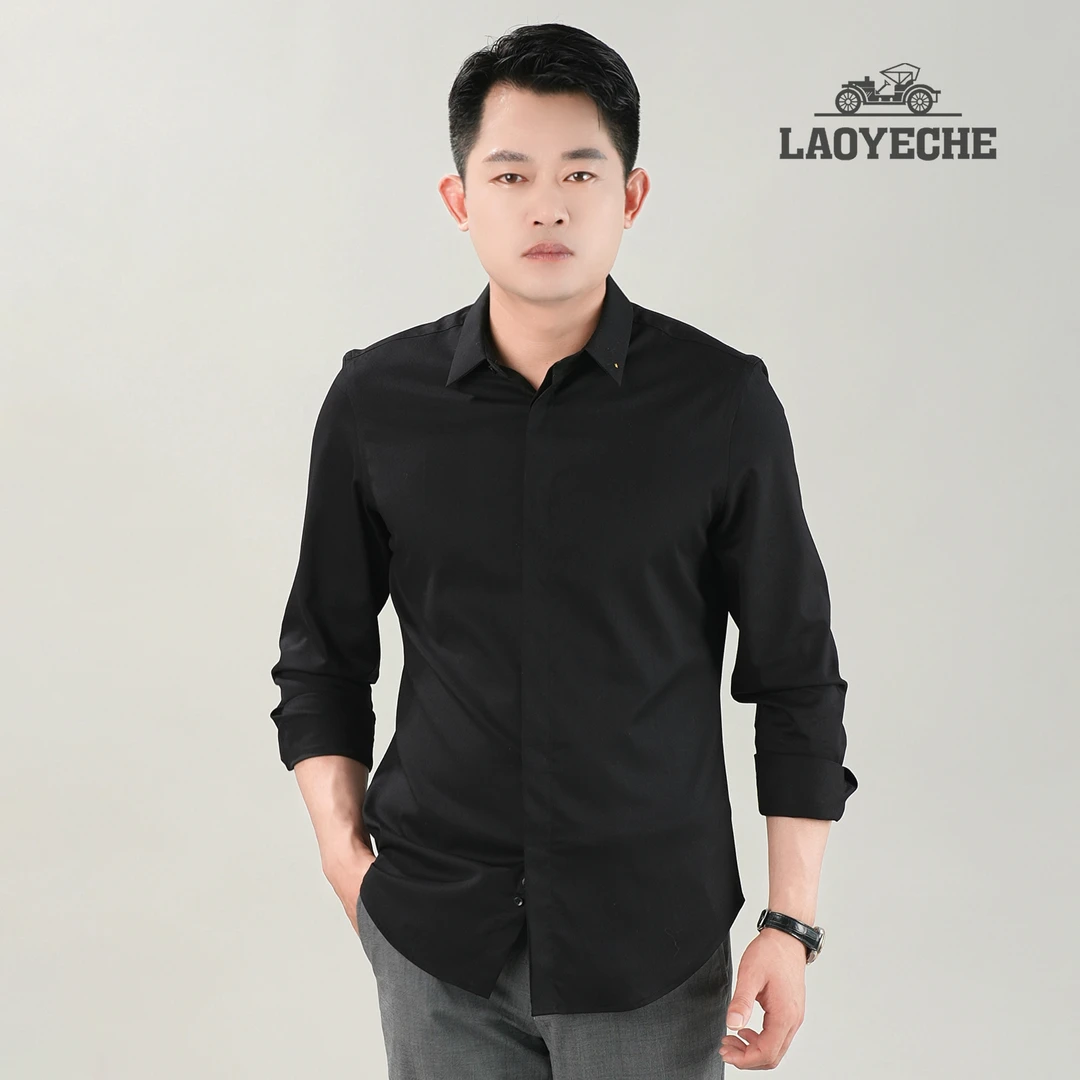 老爷车男款潮流休闲长袖方领刺绣衬衫纯色凉感修身职业10109