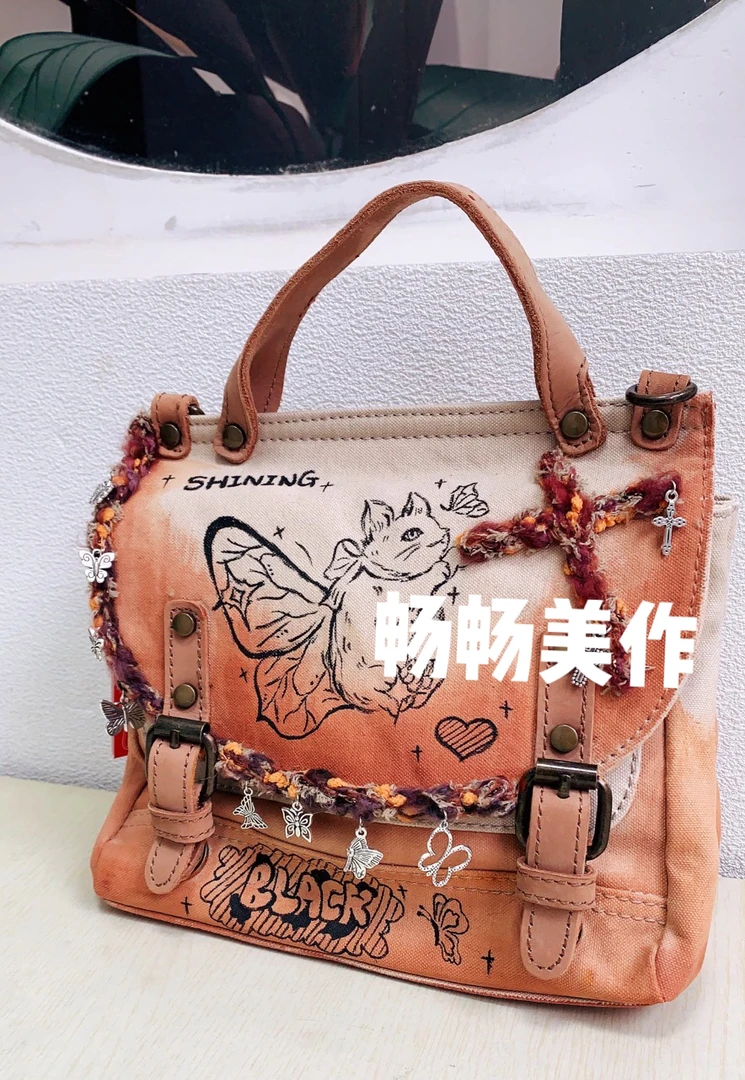 纯手绘纯手作全配件单肩小众牛仔痛包双肩手绘帆布双肩包