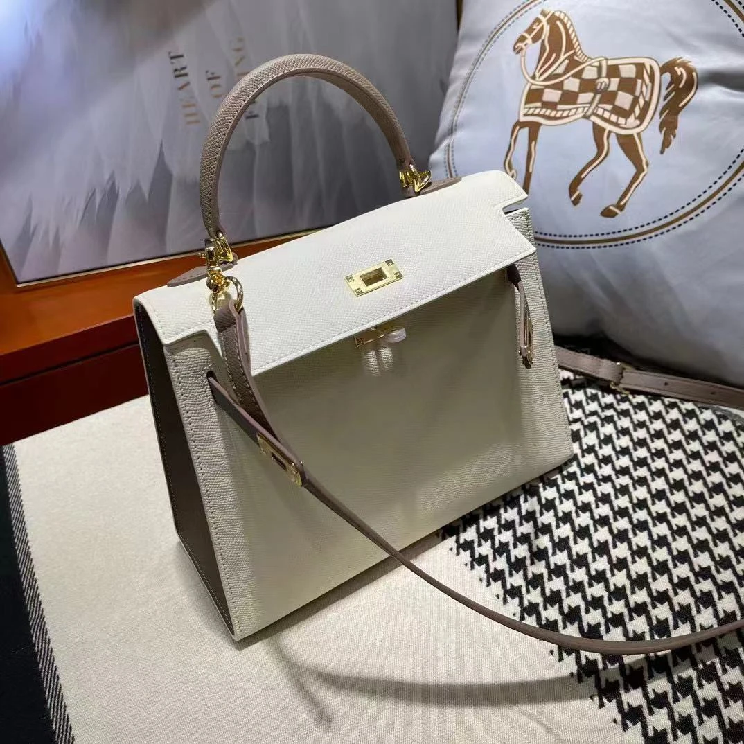 拼接凯莉包 气质轻奢时尚小众女士百搭单肩潮流白瑟大气经典包包