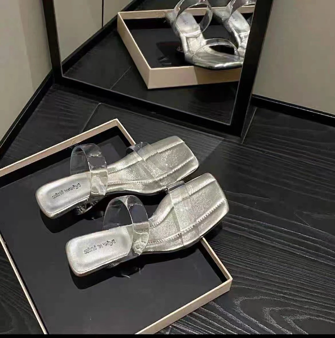 2024夏新款法式网红透明带异型跟方头露趾中跟一字拖7CM（AN2002)