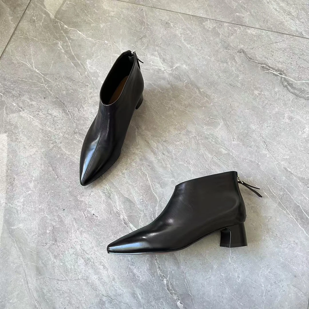 秋冬新款软皮尖头粗跟百搭及裸靴后拉链单靴小短靴女4厘米（67122）