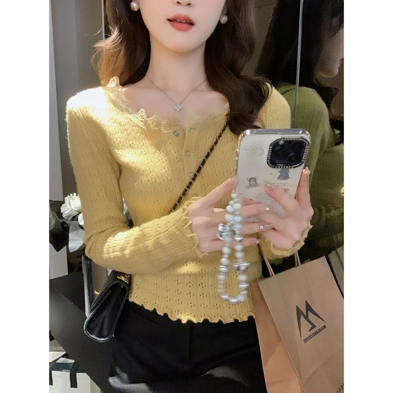 安安 法式小香风蕾丝领钩花针织打底衫女秋冬纯欲超好看修身上衣