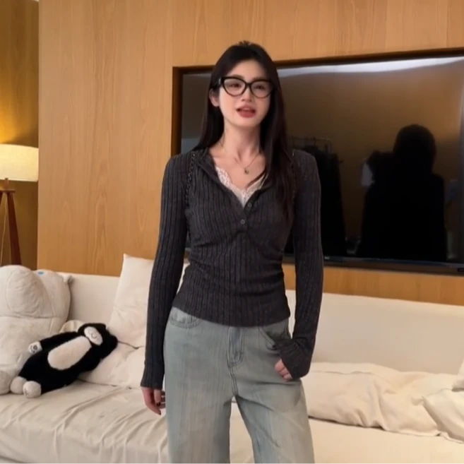 大码胖mm设计感深灰色假两件蕾丝针织衫女秋季修身显瘦上衣打底衫