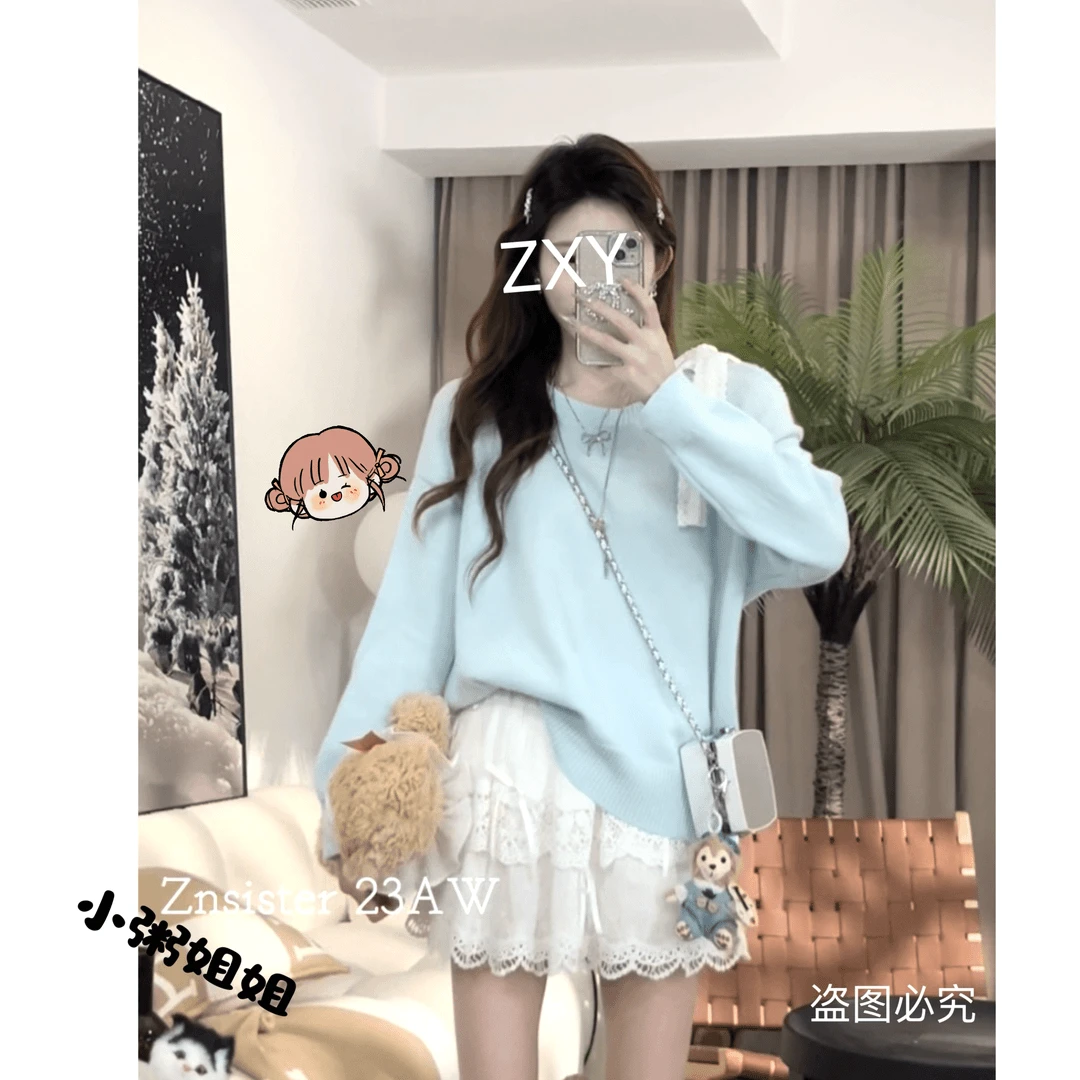 韩系少女感粉色露肩针织上衣女早秋新款设计感系带小个子减龄毛衣