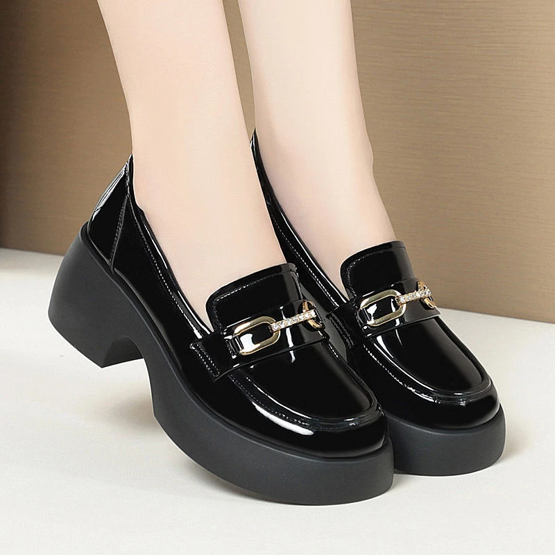 漆皮厚底乐福鞋粗跟中跟松糕底上班族乐福鞋软皮软底增高女士皮鞋