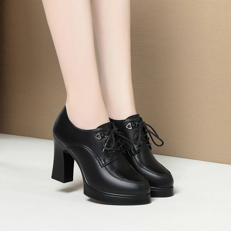 防水台高跟鞋春秋新款中年女士皮鞋粗跟厚底深口单鞋系带妈妈鞋女