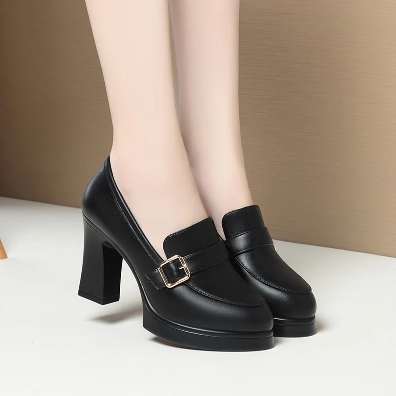 防水台高跟鞋春秋新款中年女士皮鞋粗跟厚底职业工作鞋软底妈妈鞋