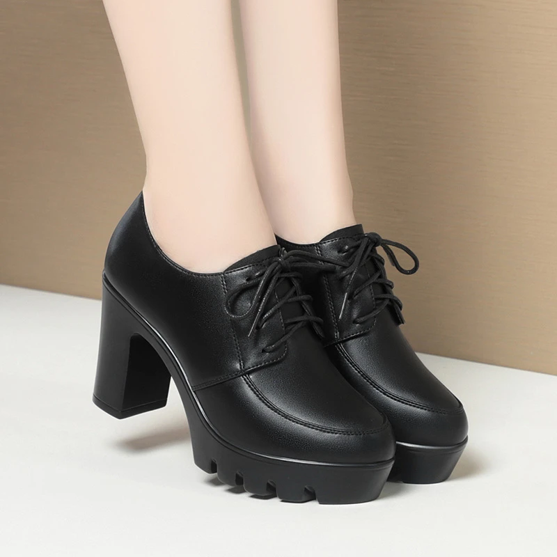 防水台高跟鞋春秋新款深口单鞋粗跟软皮软底中年女士皮鞋时尚百搭