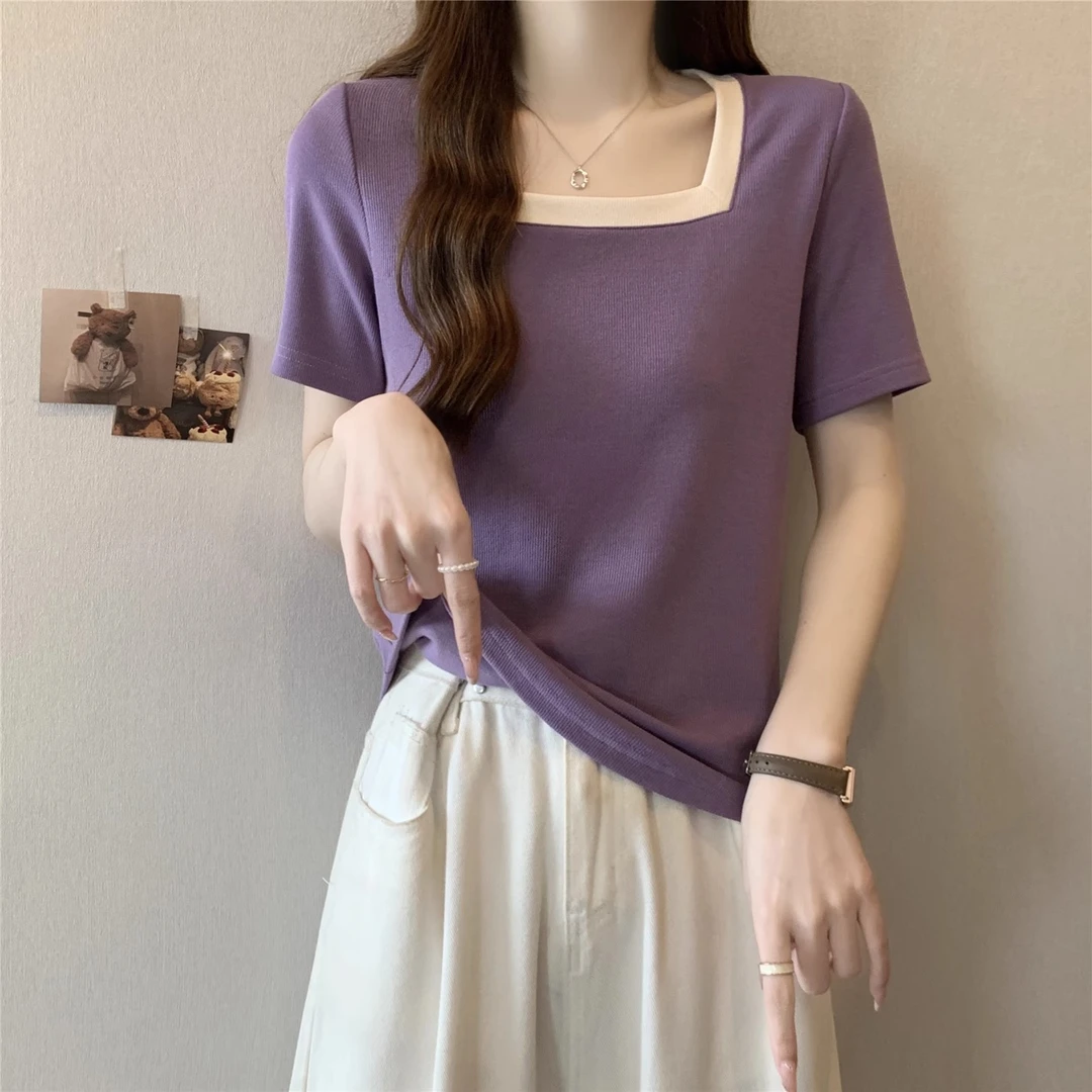 正肩t恤女短袖简约方领撞色胖mm大码女装显瘦百搭宽松遮肚子上衣
