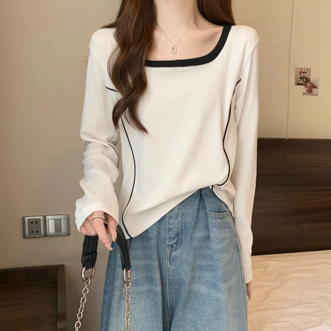 大码辣妹撞色鱼骨方领正肩长袖t恤女早秋胖mm遮肚子显瘦打底上衣