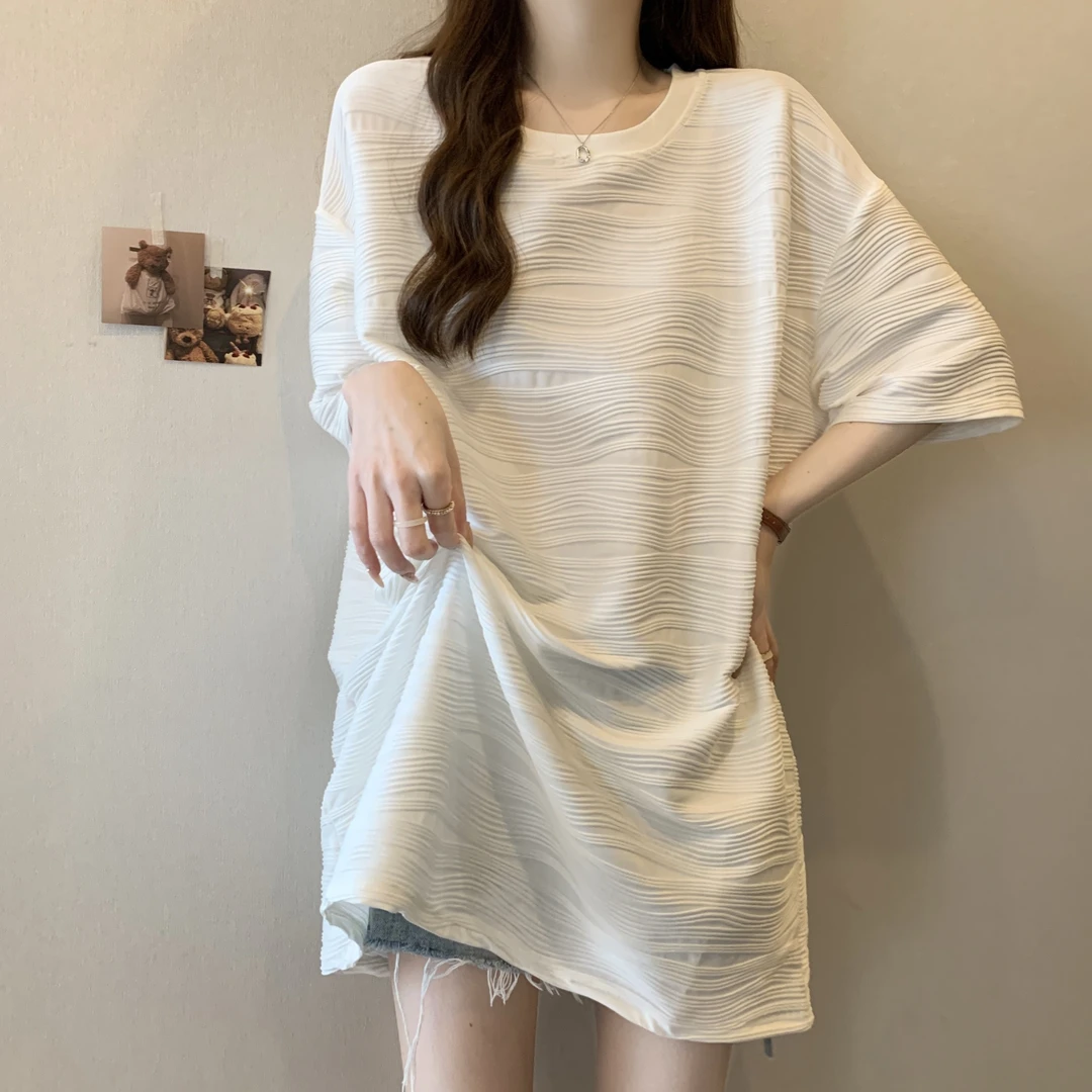 设计感小众短袖t恤女夏季韩版宽松大码女装中长款半袖纯色上衣服