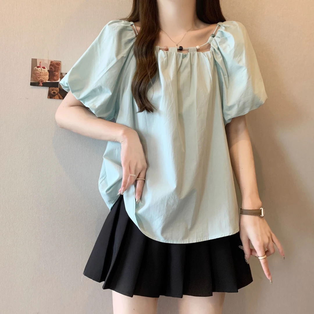 设计感串珠蓝色泡泡袖短袖衬衫女2024夏季新款大码胖mm娃娃衫上衣