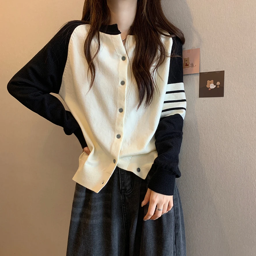 大码韩版拼色条纹休闲百搭开衫毛衣女2024春秋显瘦长袖针织衫上衣