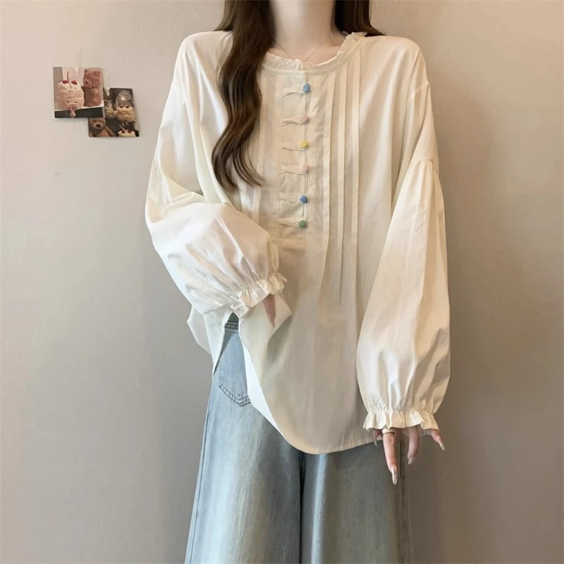 大码女装美拉德彩色扣咖色长袖衬衫早秋新款胖mm娃娃衫减龄上衣