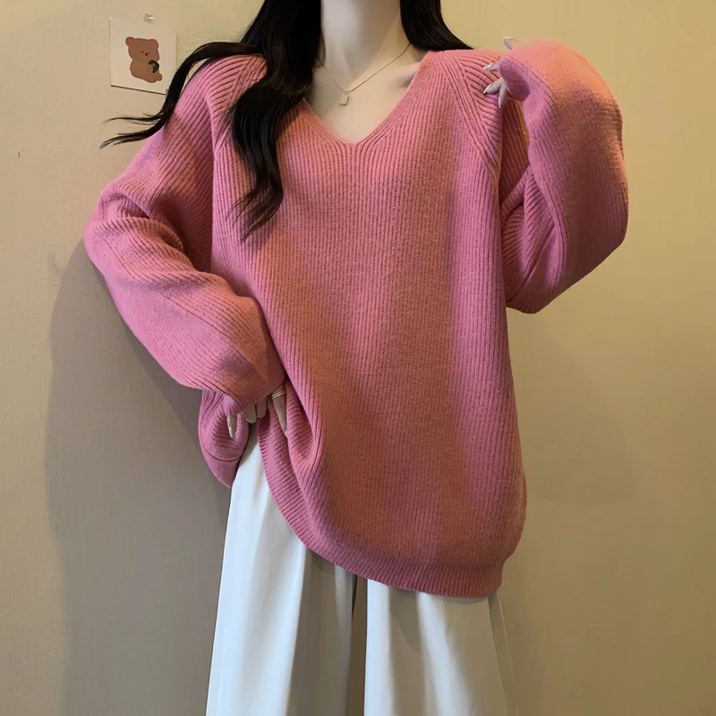 大码女装秋冬洋气V领套头长袖针织衫胖妹妹毛衣女慵懒风宽松上衣