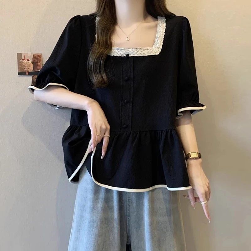 大码女装遮肚子荷叶边小众方领衬衫女夏季胖妹妹宽松显瘦雪纺上衣