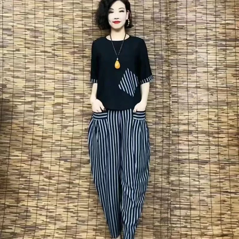 夏季套装2024新款时尚洋气气质韩版两件套装休闲宽松遮肉妈妈套装