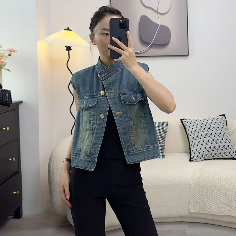 桃桃屋小个子改版牛仔马甲ins风新款无袖休闲复古时尚马夹外套女