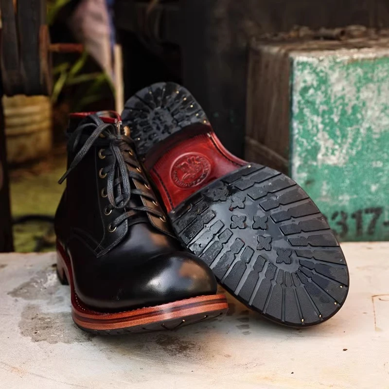 穆堡里西时尚日系翘头真皮马丁靴男款手工皮鞋男士个性黑色皮靴