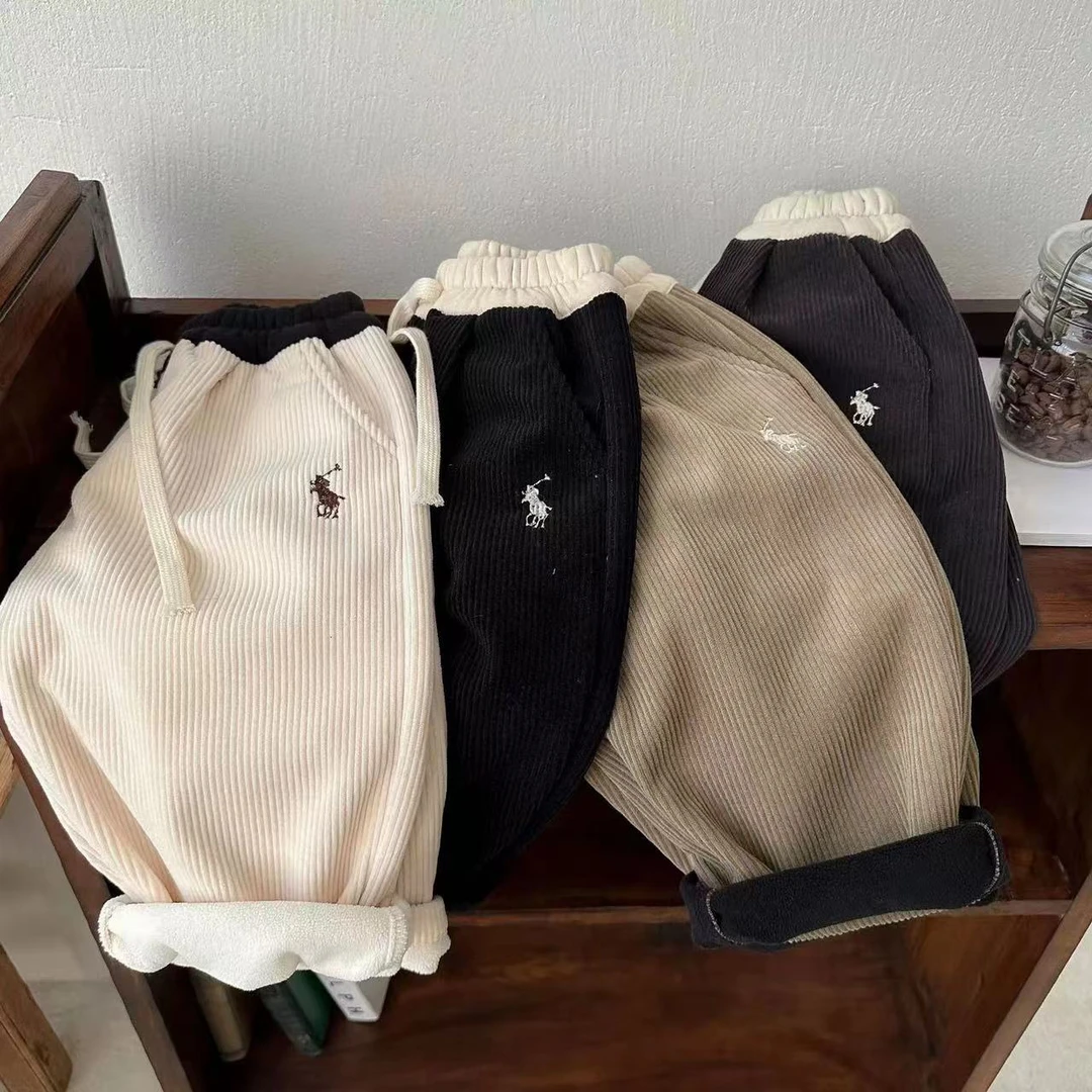 2024秋冬男女童加绒灯芯绒长裤宝宝洋气百搭加厚休闲裤黑色裤子