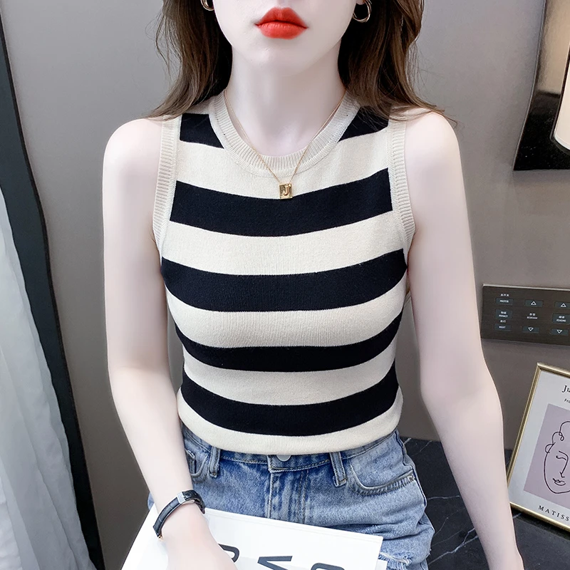 套头款学院风夏季女无袖毛针织衫百搭打底衫上衣薄款条纹时尚