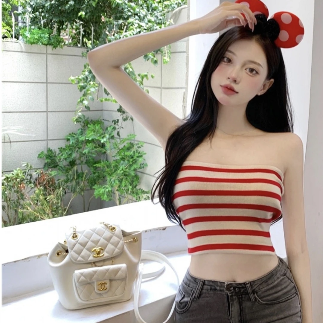 鹭青一针织抹胸女夏季条纹维多利亚性感外穿背心百搭显瘦短款上衣