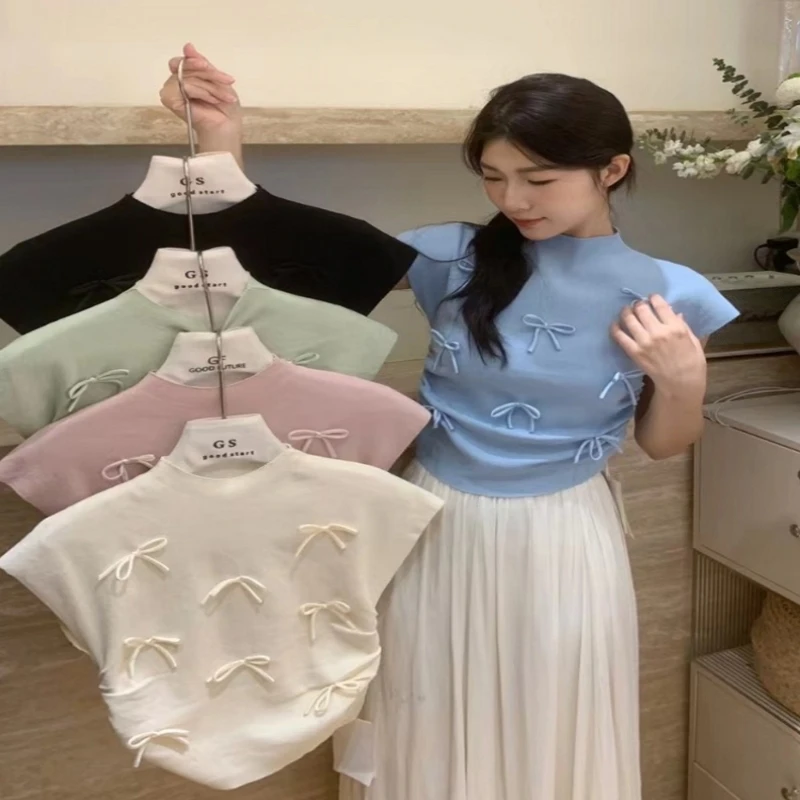 7042韩版设计感蝴蝶结点缀短袖t恤女夏针织衫女装新款百搭显瘦上