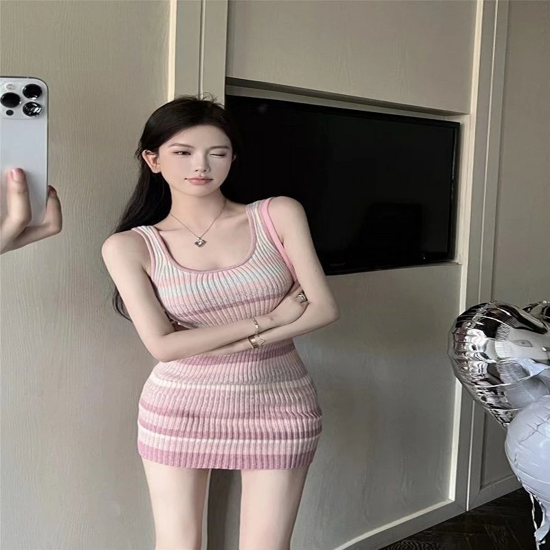 5957#条纹针织背心吊带裙性感辣妹纯欲风紧身包臀短裙打底连衣裙