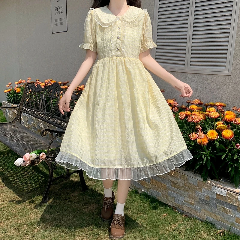 693#实拍夏季学院风甜美可爱泡泡纱收腰娃娃领花边连衣裙