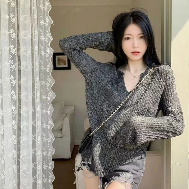 小众V领开衫女打底衫春秋季修身宽松内搭针织衫设计感上衣长袖