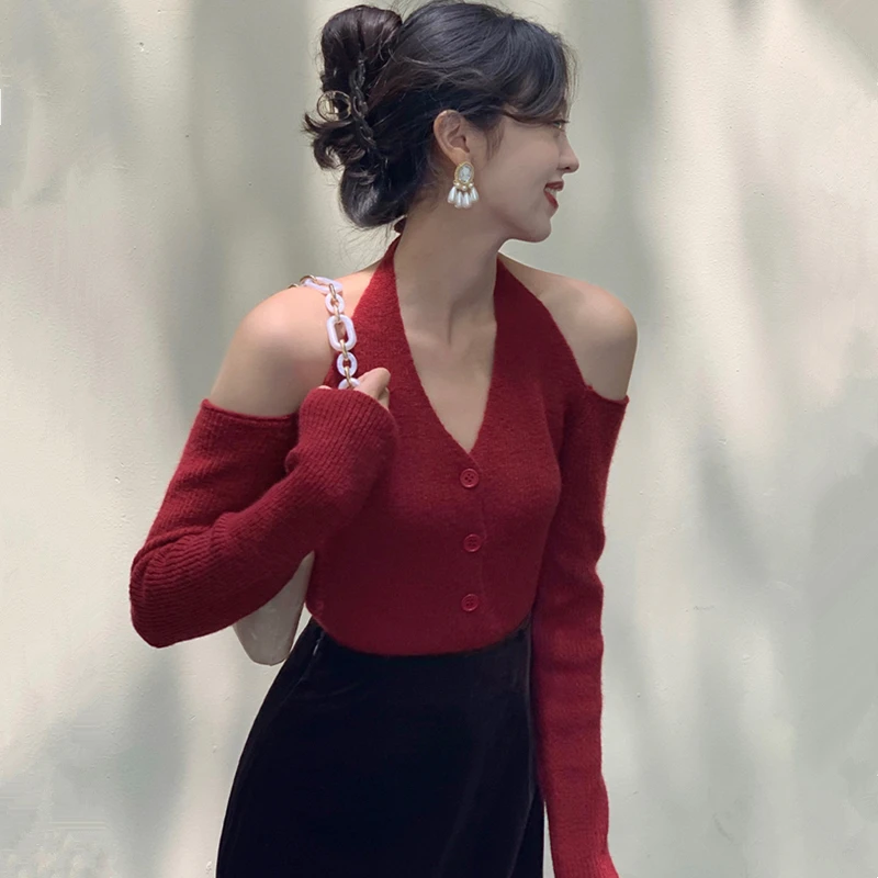 3684#一字肩上衣女早秋别致V领露背毛衣辣妹外搭长袖挂脖针织开衫