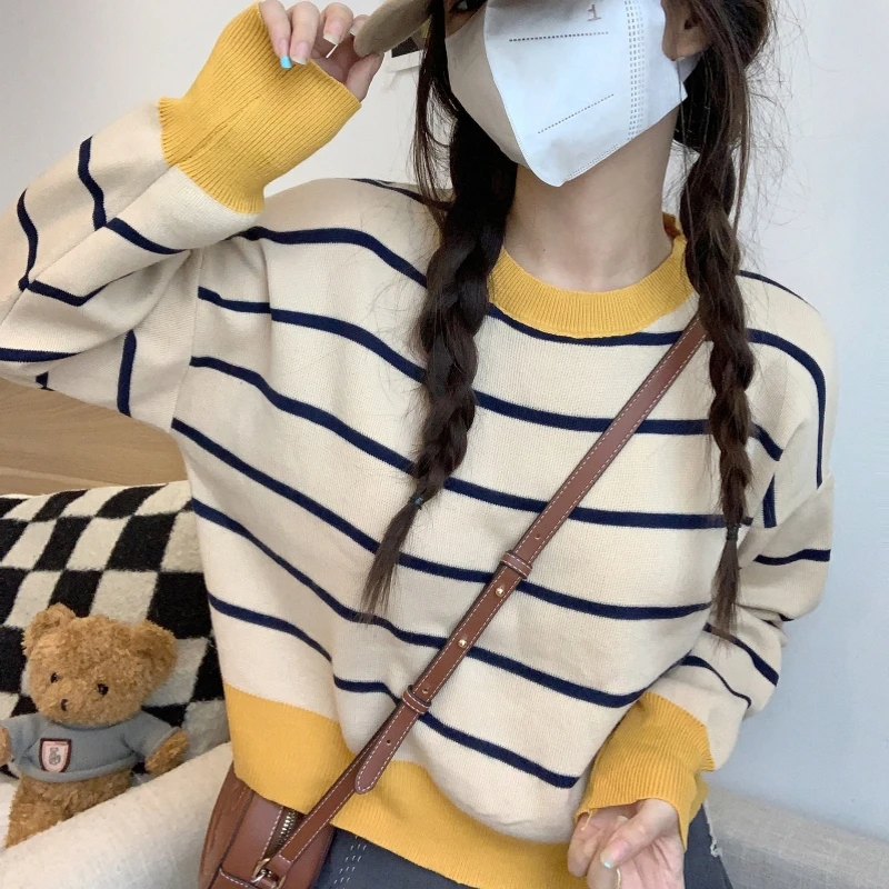 5408#条纹针织衫小上衣女装秋季宽松短款套头外穿独特别致毛衣