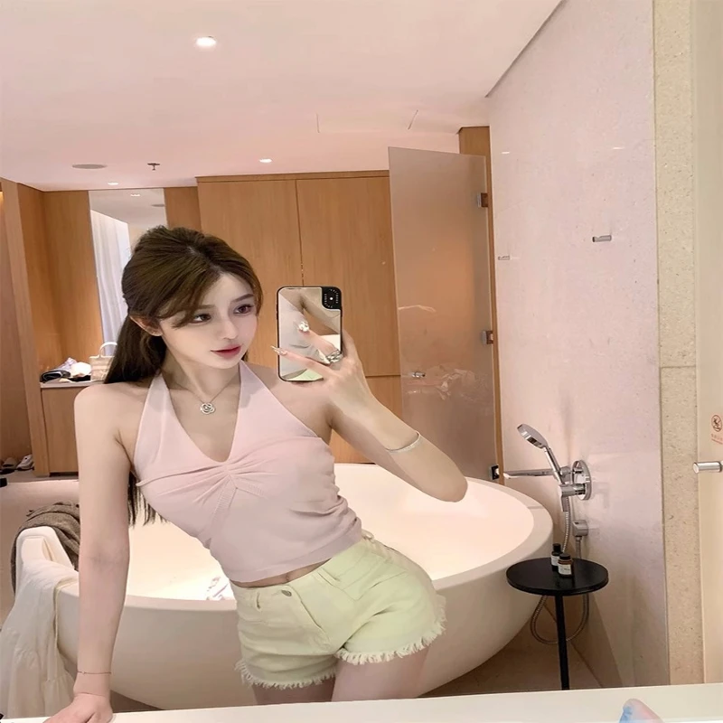 7020韩雨嘉冰麻纱线挂脖绑带针织吊带背心夏纯欲短款无袖v领上衣