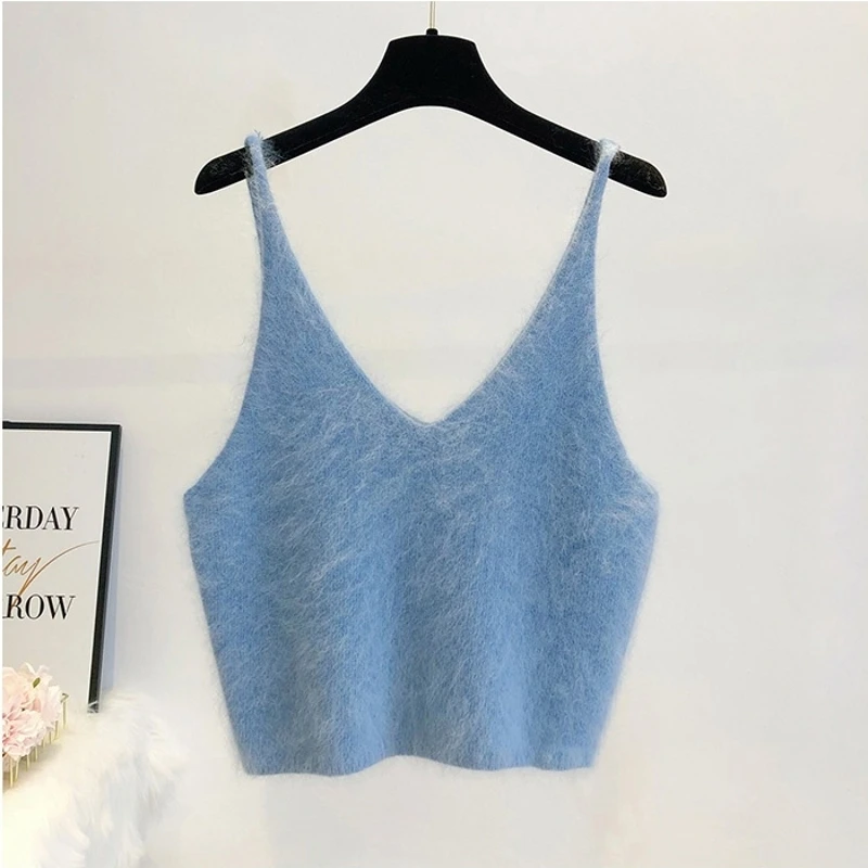 5521#针织马甲背心女短款针织韩版百搭外穿水貂毛绒吊带打底毛衣