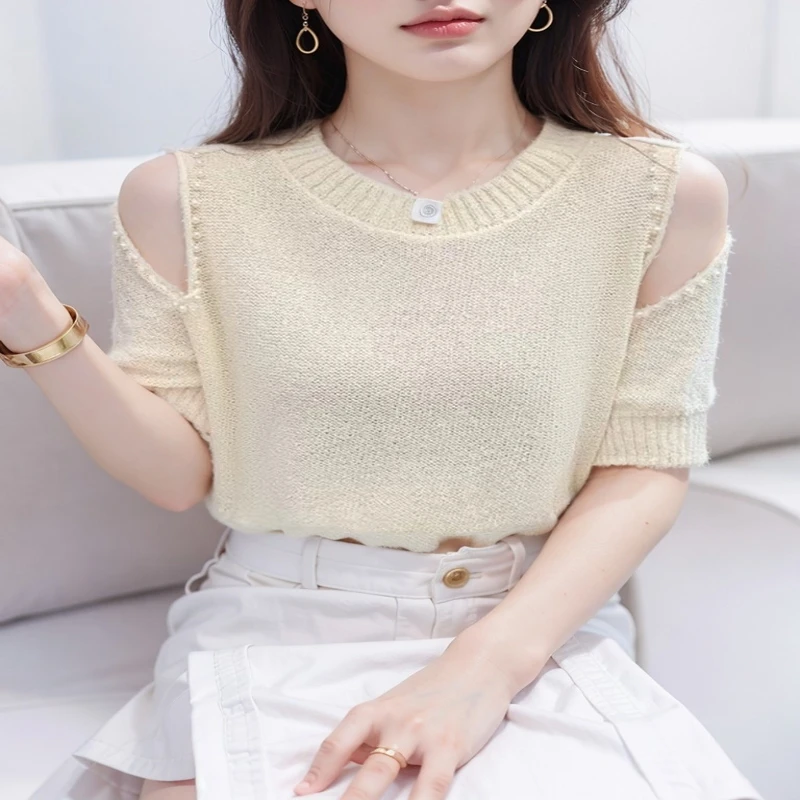 上衣短袖圆领毛针织衫短款打底衫冰感针织短袖毛衣蕾丝气质时尚