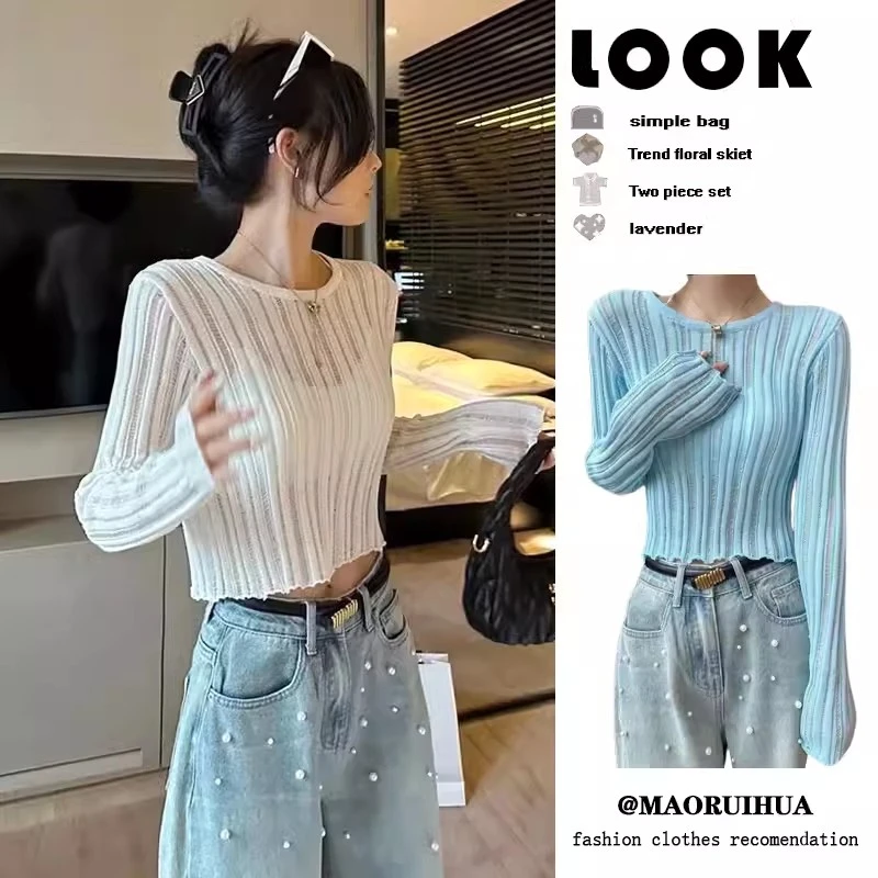 薄款镂空长袖针织衫女春打底衫设计感百搭短款t恤上衣条纹女款