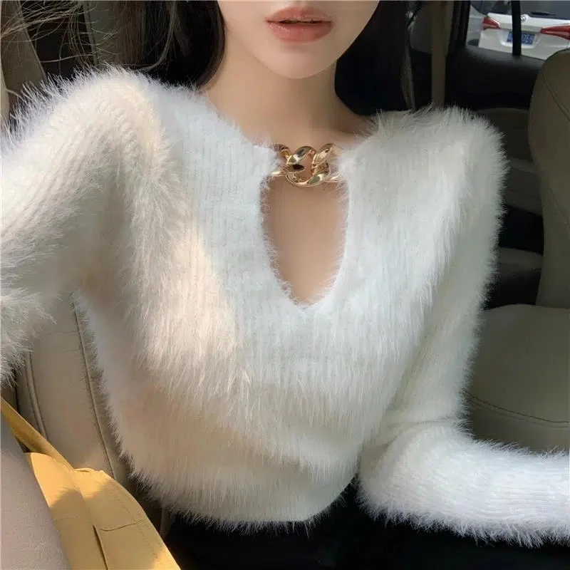 5560#韩系秋装新款软糯质感链条镂空露脐长䄂设计感 上衣女慵懒风