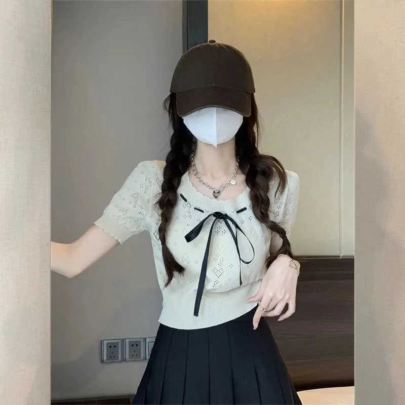 7097丝带蝴蝶结镂空短袖针织T恤女夏设计感小众短款上衣夏季减龄