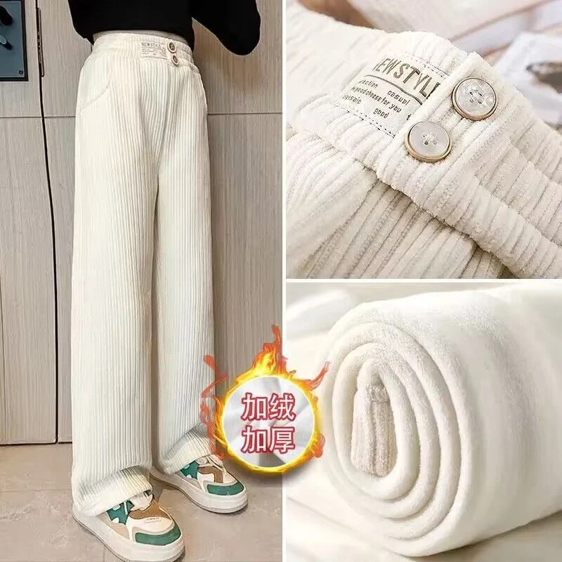 童雪尼尔直筒阔腿裤秋冬款一体加绒儿童休闲裤大童宽松裤子潮D16