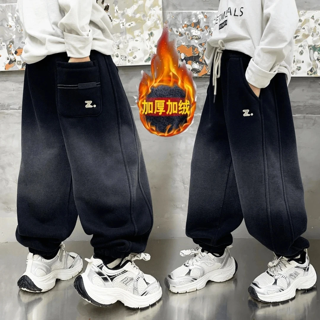 【加绒弹力】秋冬上新奥利绒百搭男童中大童渐变Z字母加绒休闲卫裤