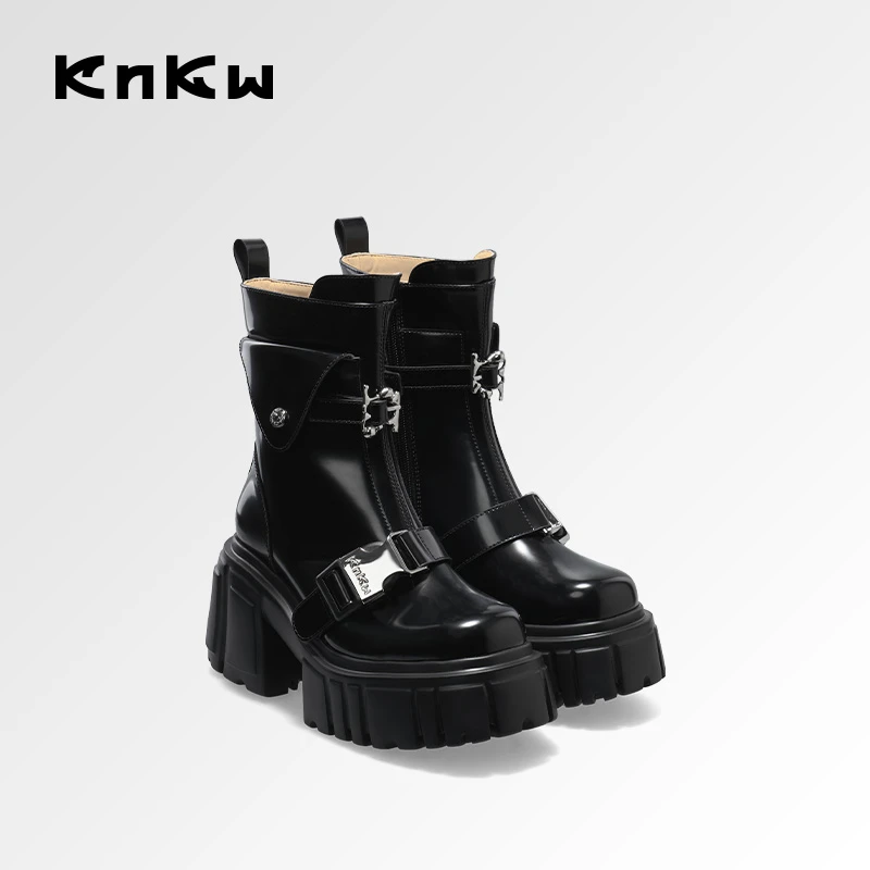 KNKW时尚潮流增高短靴2024年秋冬黑色时装粗跟马丁靴W4108H007