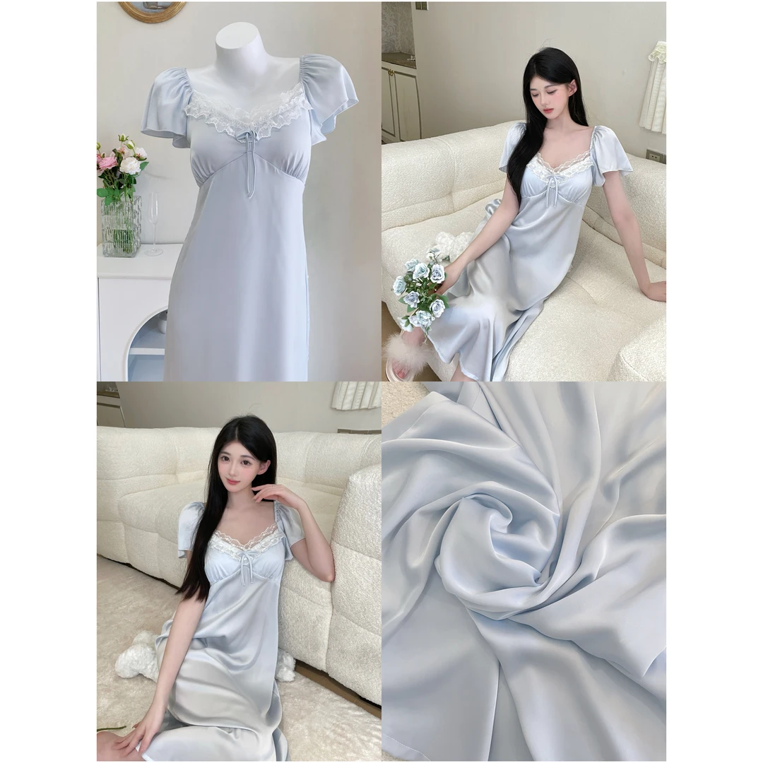 豆豆【海盐】月光丝带胸垫短袖睡裙高腰显瘦夏季显高显白睡衣女