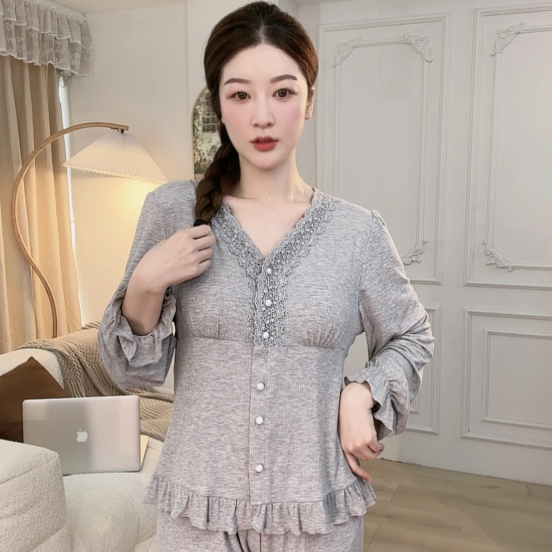 【热恋樱桃】过年睡衣女带胸垫长袖长裤网红宽松白透气春秋薄款秋冬