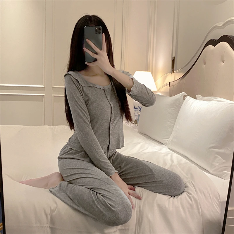 睡衣女春秋季长袖简约纯色大方套装韩版奢华休闲带胸垫家居服新品